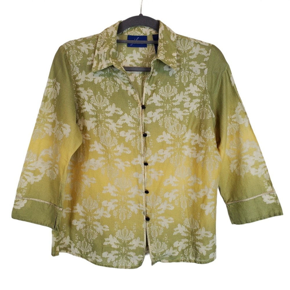 JH Collection Women's Semi-Sheer Floral Spring Green Ombre Button Down Blouse M